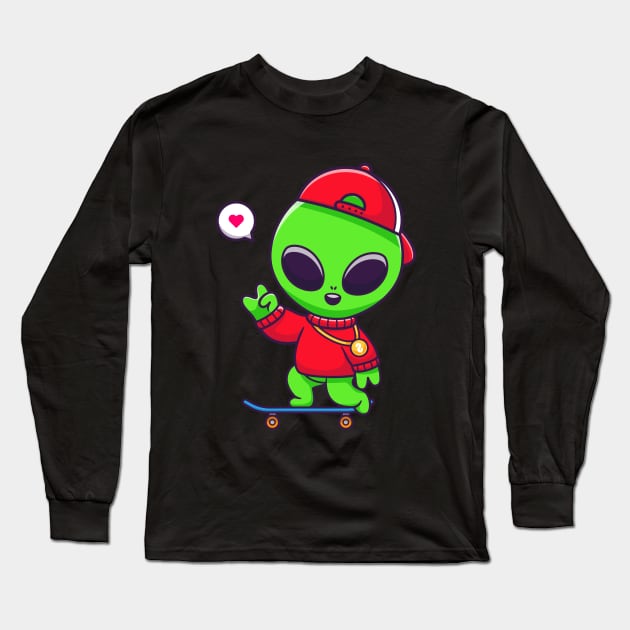 Cool Alien Playing Skateboard Cartoon Long Sleeve T-Shirt by Catalyst Labs